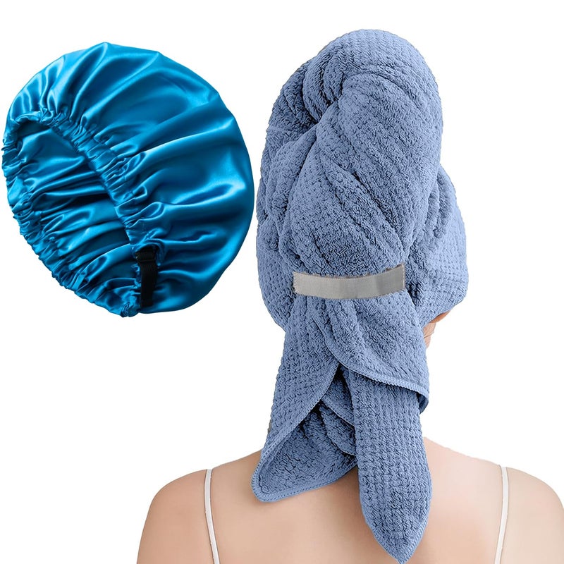 NeDKeN Large Microfiber Hair Towel Wrap & Satin Bonnet Set for Women, Ultra Absorbent Turban 24x42 Inches & Adjustable Night Cap for Curly Hair, Prevents Frizz & Breakage, Stocking Stuffers - Image 1